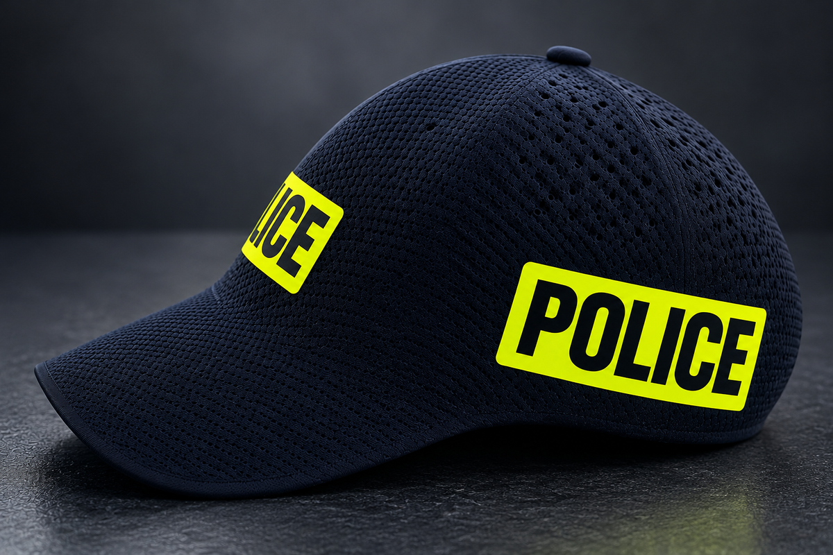 VisiBlue SpringForm Cap black mesh cap with high-visibility yellow POLICE markings