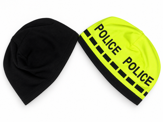 VisiBlue reversible POLICE beanie showing black and high-visibility sides